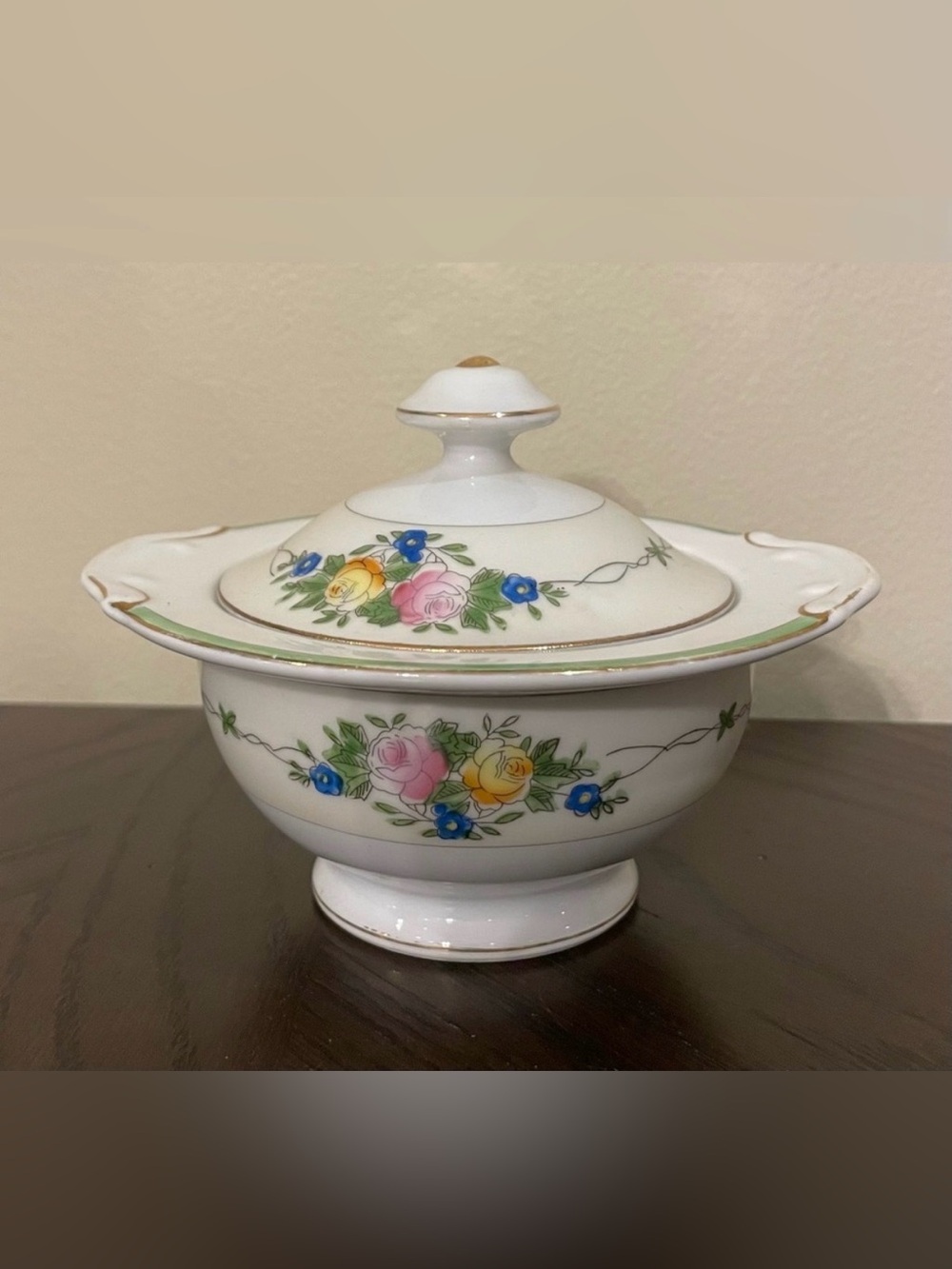 Vintage Hand Painted Made in Japan Footed Sugar Bowl with Lid Floral